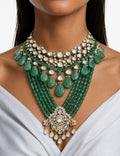 Maharani Meher Emerald Beaded Kundan Necklace Set & Rania Emerald Leaf Drop Moissanite Polki Kundan Necklace Set (2 Necklaces & 2 Earrings)