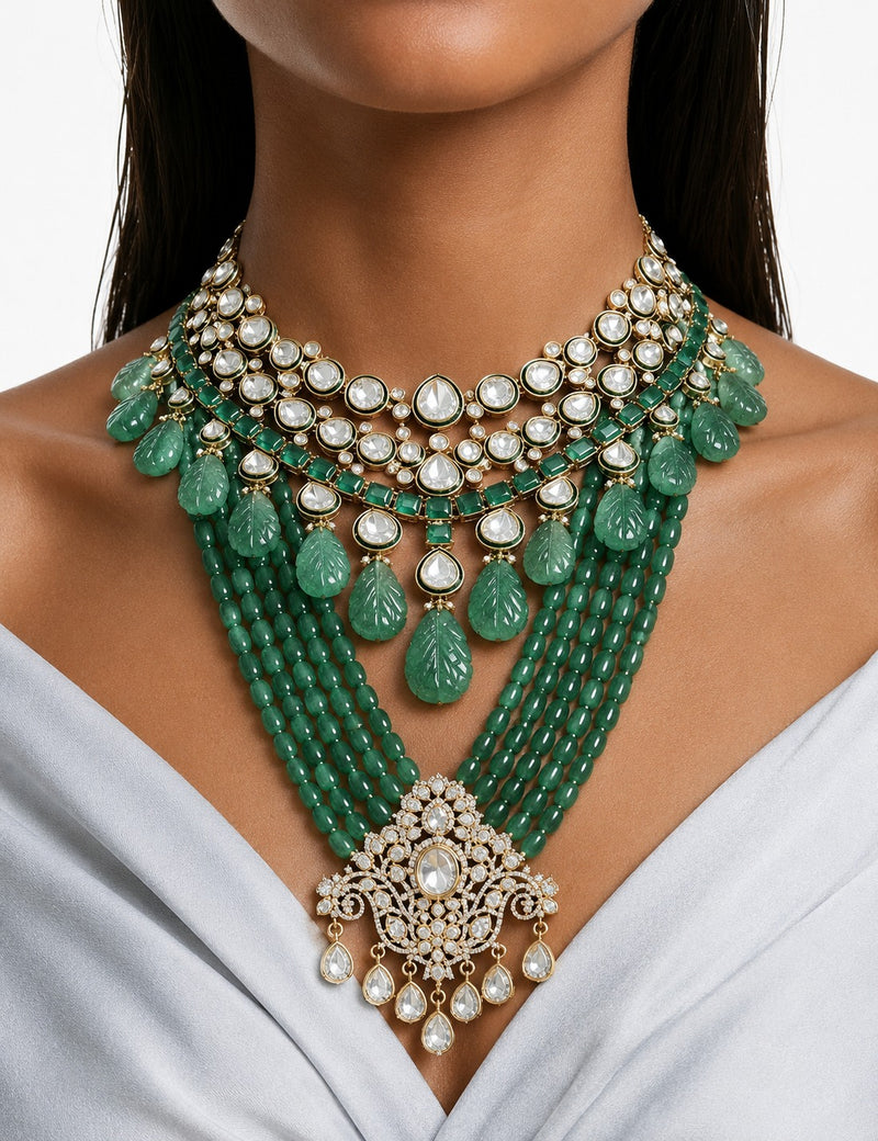 Maharani Meher Emerald Beaded Kundan Necklace Set & Rania Emerald Leaf Drop Moissanite Polki Kundan Necklace Set (2 Necklaces & 2 Earrings)