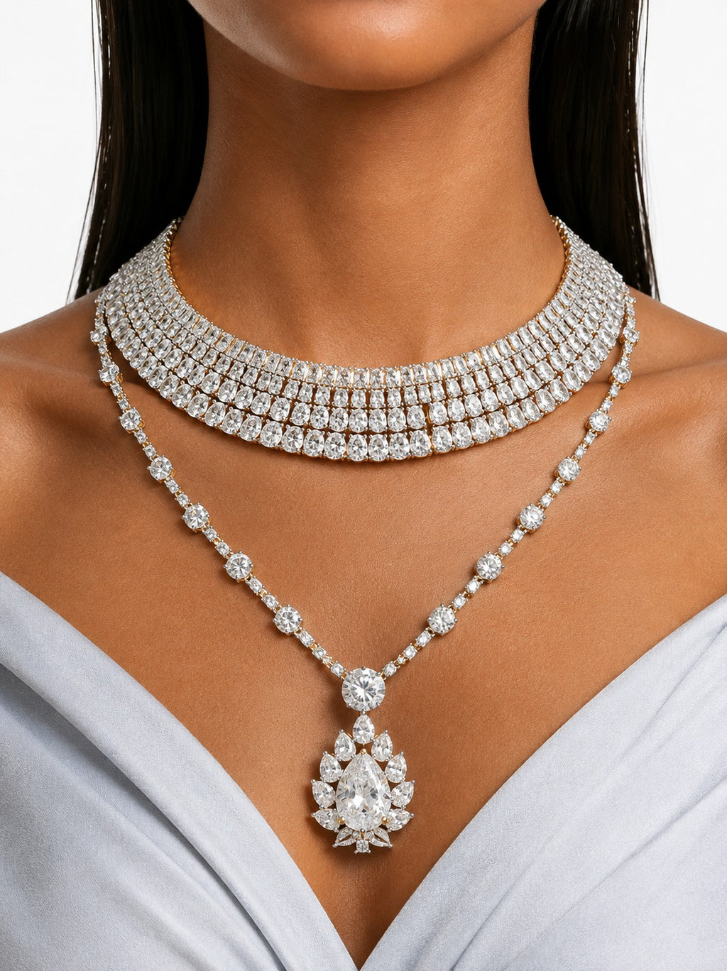 Maharani Leena Diamond Teardrop Diamond-Like Zircon Pendant Necklace Set & Arya Diamond-Like Zircon Choker Necklace – Gold-Tone (2 Necklaces & 2 Earrings)