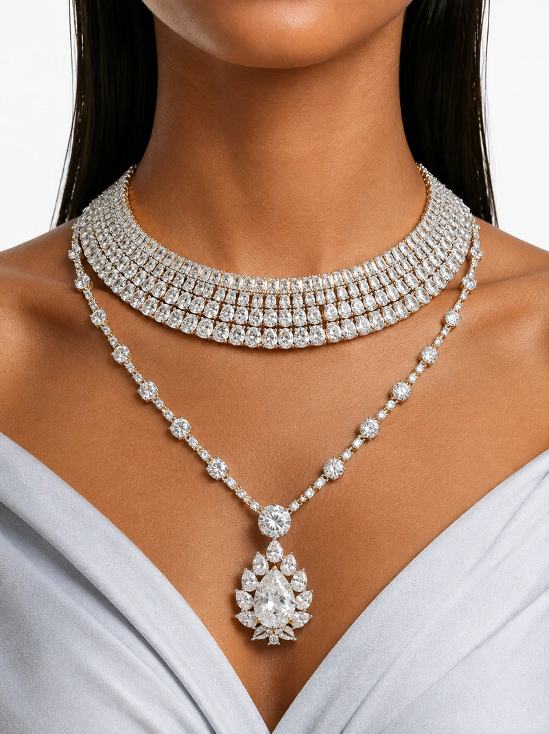 Maharani Leena Diamond Teardrop Diamond-Like Zircon Pendant Necklace Set & Arya Diamond-Like Zircon Choker Necklace – Gold-Tone (2 Necklaces & 2 Earrings)