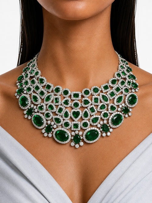 Maharani Veyla Emerald Square & Heart & Emerald Oval Floral Necklace Set – emerald doublet and 5A CZ, rhodium plated – front view | PRERTO