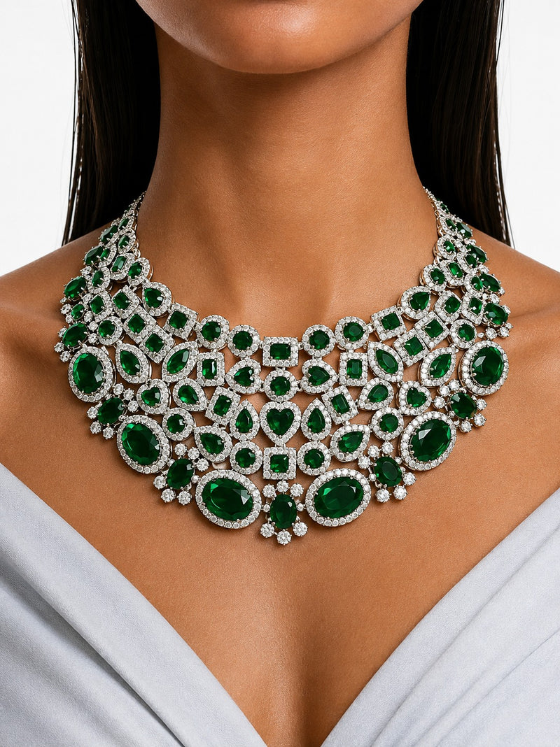 Maharani Veyla Emerald Square & Heart Diamond-Like Zircon Statement Necklace Set & Emerald Oval Floral Diamond-Like Zircon Statement Necklace Set (2 Necklaces & 2 Earrings)