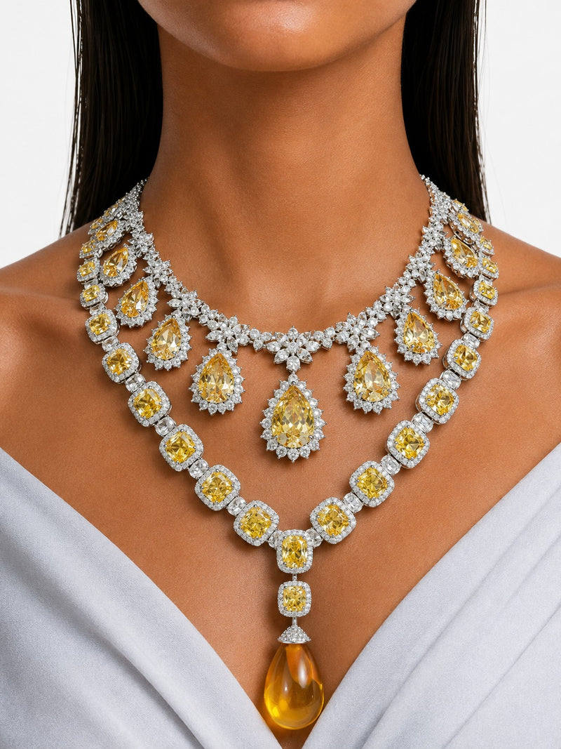 Maharani Citrine Cushion Cut with Zircon Detailing and Large Citrine Stone Necklace Set & Dalia Citrine Teardrop Diamond-Like Zircon Statement Necklace Set (2 Necklaces & 2 Earrings)