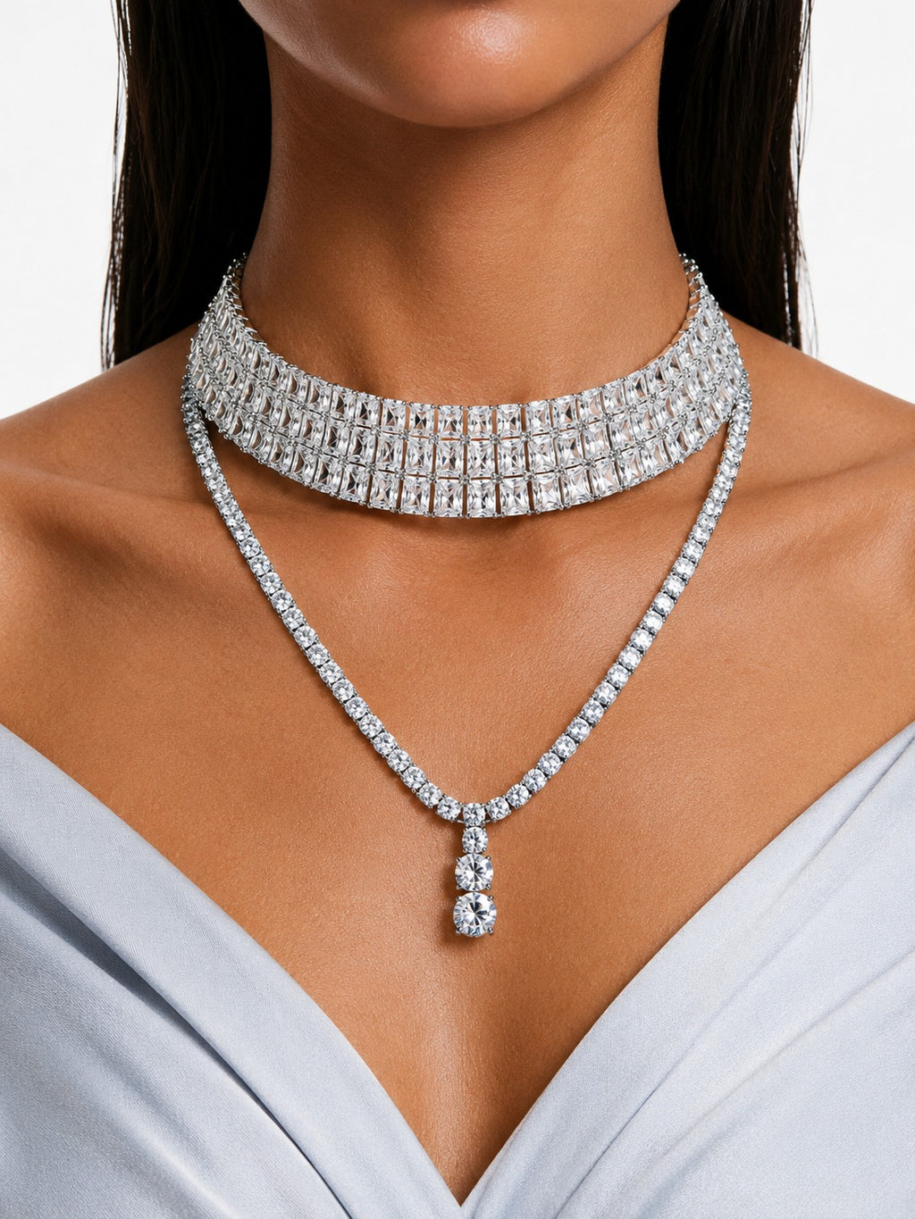 Maharani Lunara Diamond-Like Zircon Tennis Drop Necklace Set & Arya Diamond-Like Zircon Choker Necklace – Silver-Tone (2 Necklaces & 2 Earrings)