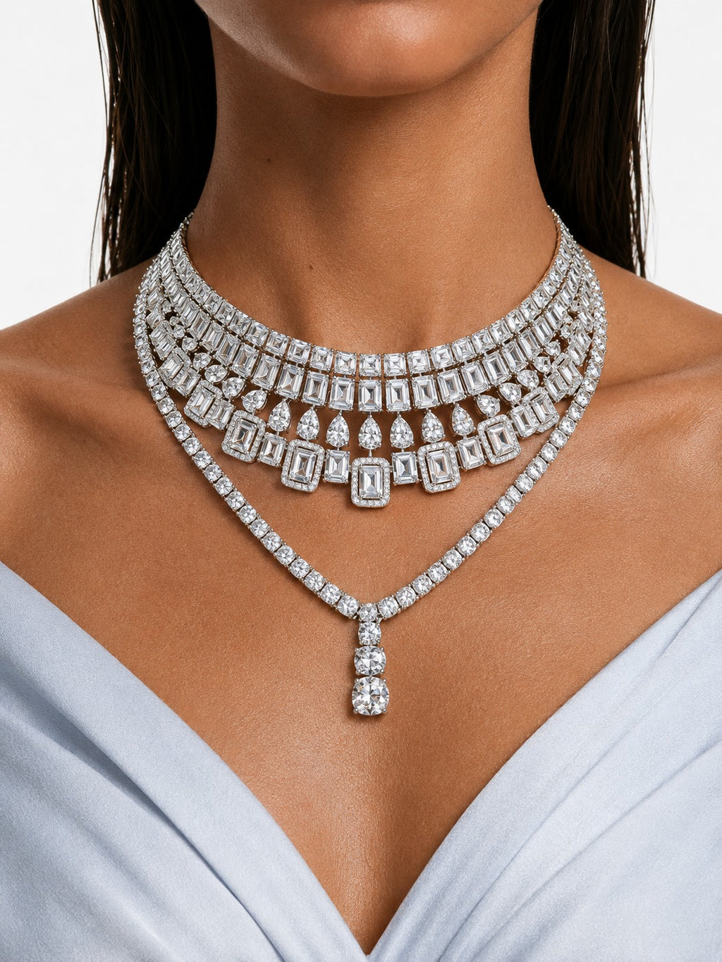 Maharani Lunara Diamond-Like Zircon Tennis Drop Necklace Set & Layan Diamond Rectangular-Cut & Pear Diamond-Like Zircon Statement Necklace Set (2 Necklaces & 2 Earrings)