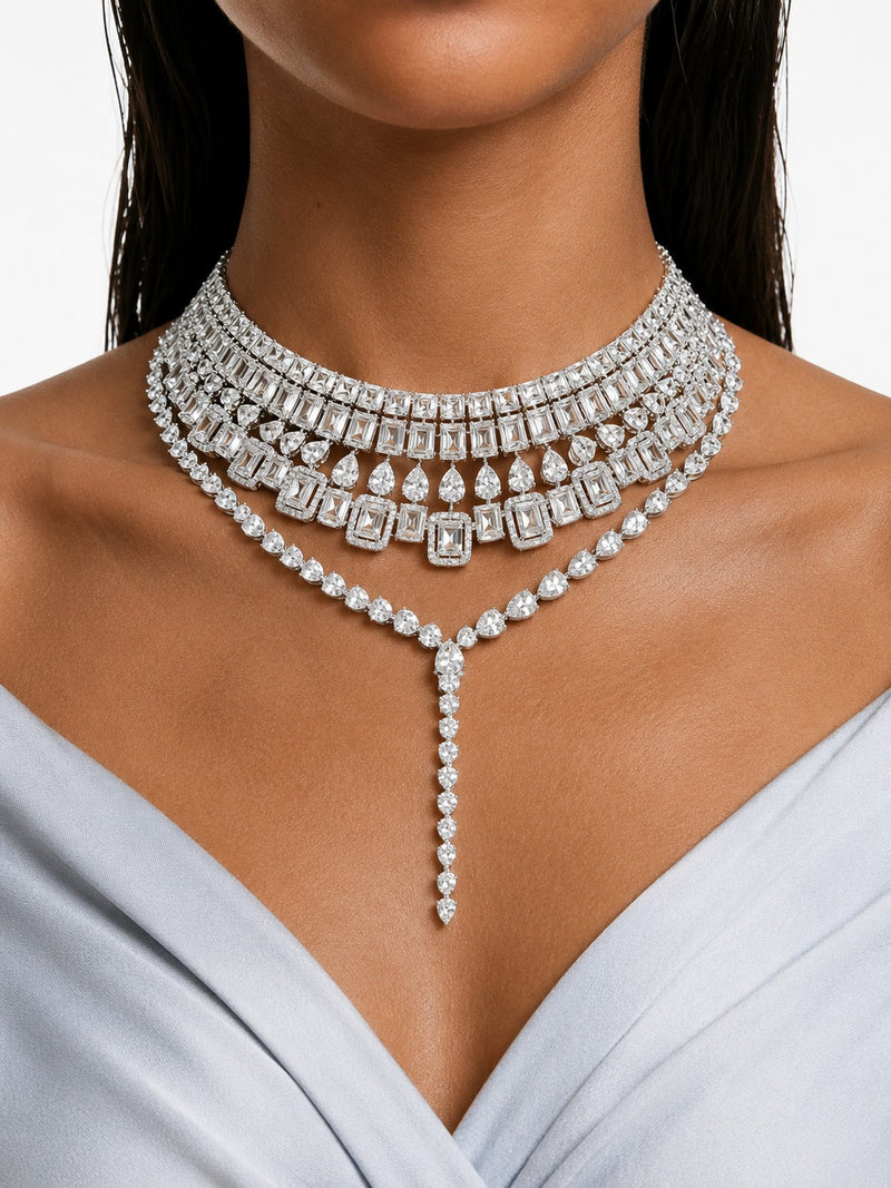 Maharani The Willow Diamond-Like Zircon Statement Necklace Set & Layan Diamond Rectangular-Cut & Pear Diamond-Like Zircon Statement Necklace Set (2 Necklaces & 2 Earrings)