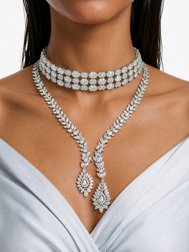 Maharani Hiba Diamond-Like Zircon Compressed Setting Statement Necklace Set & Ameera Diamond-Like Zircon Statement Choker Necklace Set (2 Necklaces & 2 Earrings)