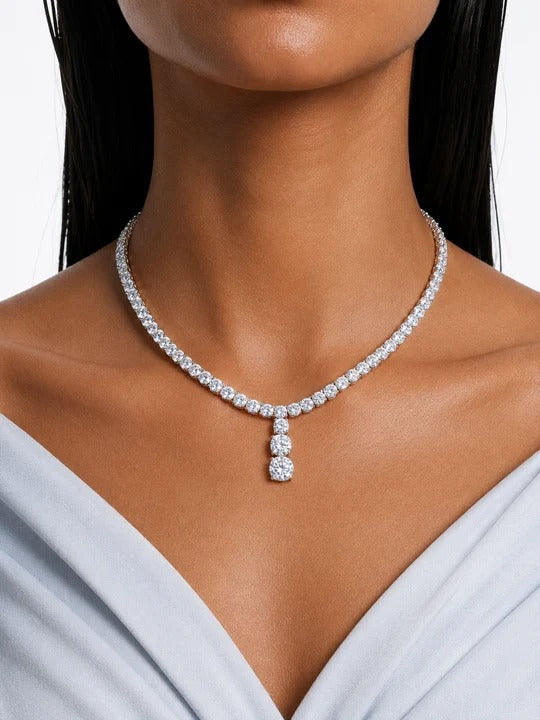Maharani Lunara Diamond-Like Zircon Tennis Drop Necklace Set & Arya Diamond-Like Zircon Choker Necklace – Silver-Tone (2 Necklaces & 2 Earrings)