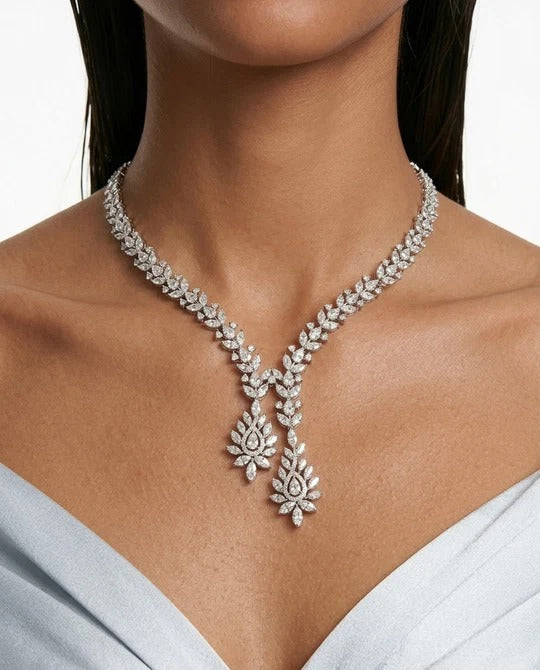 Maharani Hiba Diamond-Like Zircon Compressed Setting Statement Necklace Set & Ameera Diamond-Like Zircon Statement Choker Necklace Set (2 Necklaces & 2 Earrings)