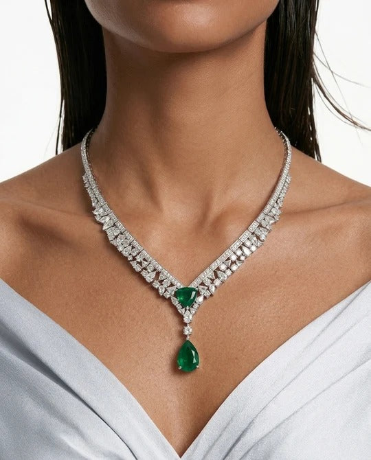 Maharani Bahiyya Emerald Drops & Diamond-Like Zircon Statement Pendant Necklace Set & Veyla Emerald Square & Heart Diamond-Like Zircon Statement Necklace Set (2 Necklaces & 2 Earrings)