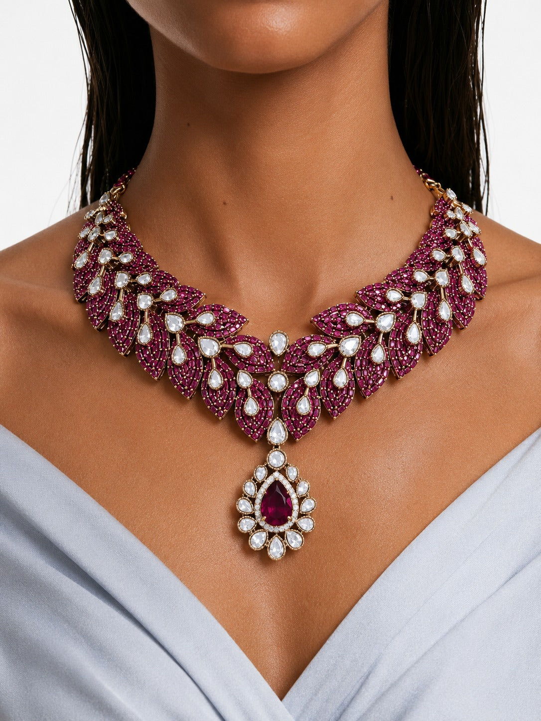 Avelisse Ruby Diamond-Like Zircon Leaf Statement Necklace Set – Necklace, Earrings & Maang Tikka