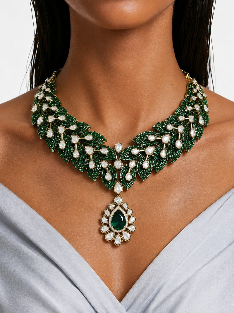 Avelisse Emerald Diamond-Like Zircon Leaf Statement Necklace Set – Necklace, Earrings & Maang Tikka