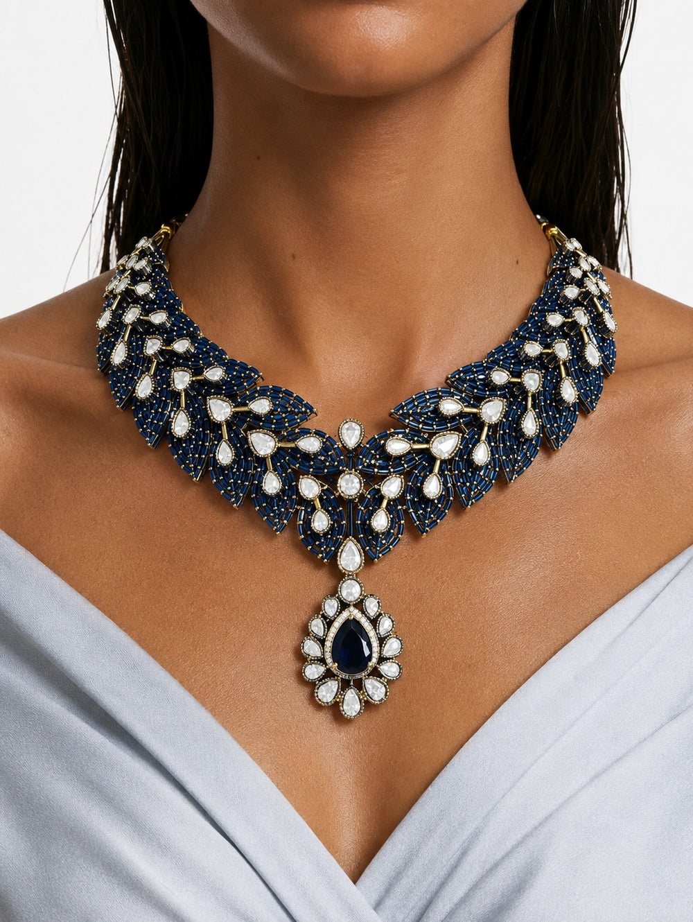 Avelisse Sapphire Leaf Statement Necklace Set with earrings and maang tikka – sapphire doublet and 5A CZ, rhodium plated – front view | PRERTO