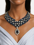 Avelisse Sapphire Diamond-Like Zircon Leaf Statement Necklace Set – Necklace, Earrings & Maang Tikka