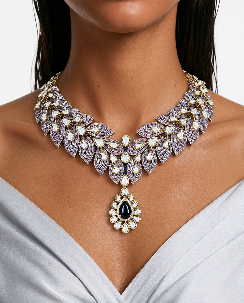 Avelisse Purple Diamond-Like Zircon Leaf Statement Necklace Set – Necklace, Earrings & Maang Tikka