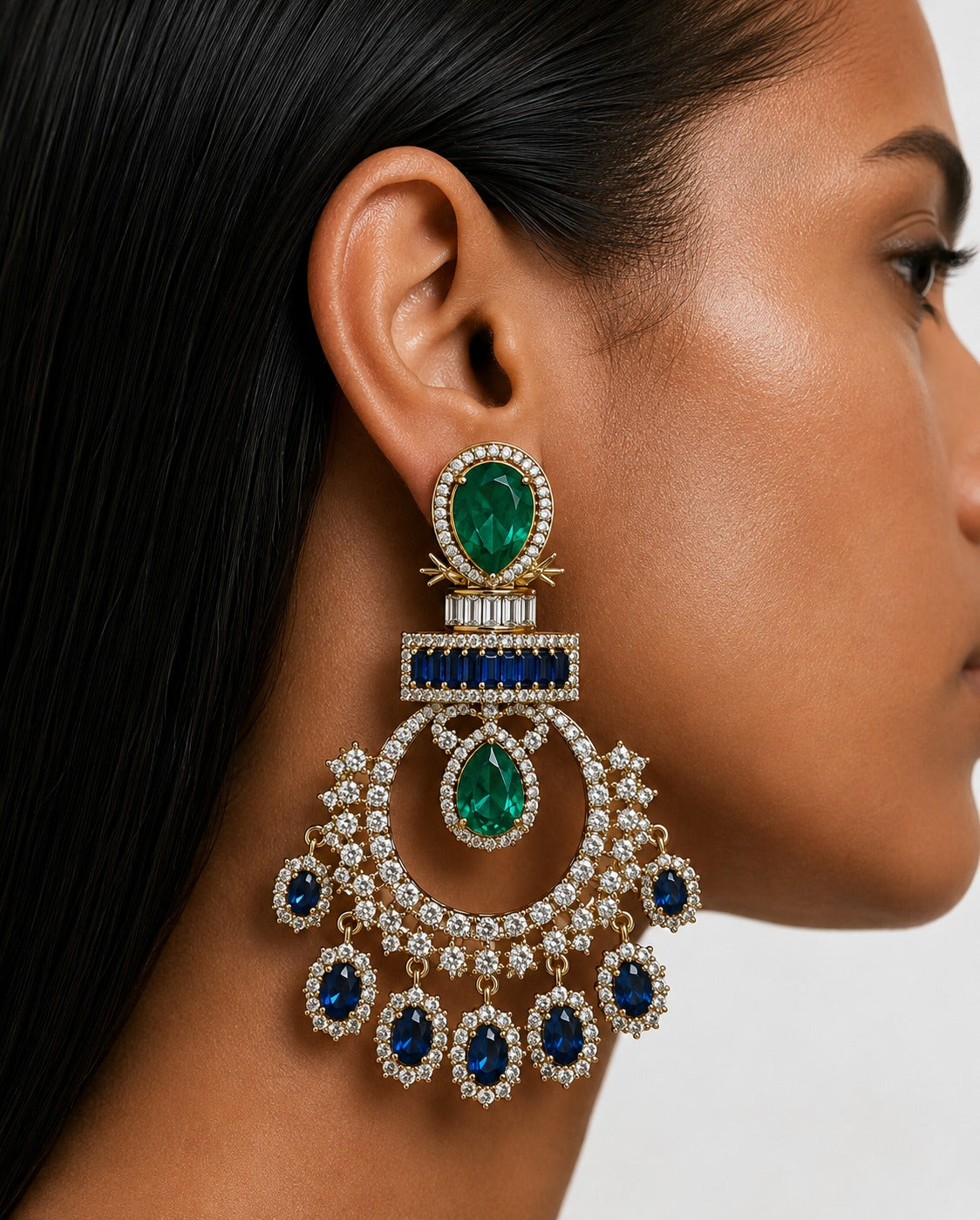 Zuri Emerald & Sapphire Diamond Drop Statement Earrings