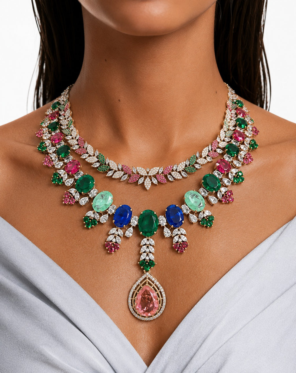 Zella Multicolour Diamond-Like Zircon Layered Leaf Statement Necklace Set – Necklace & Earrings