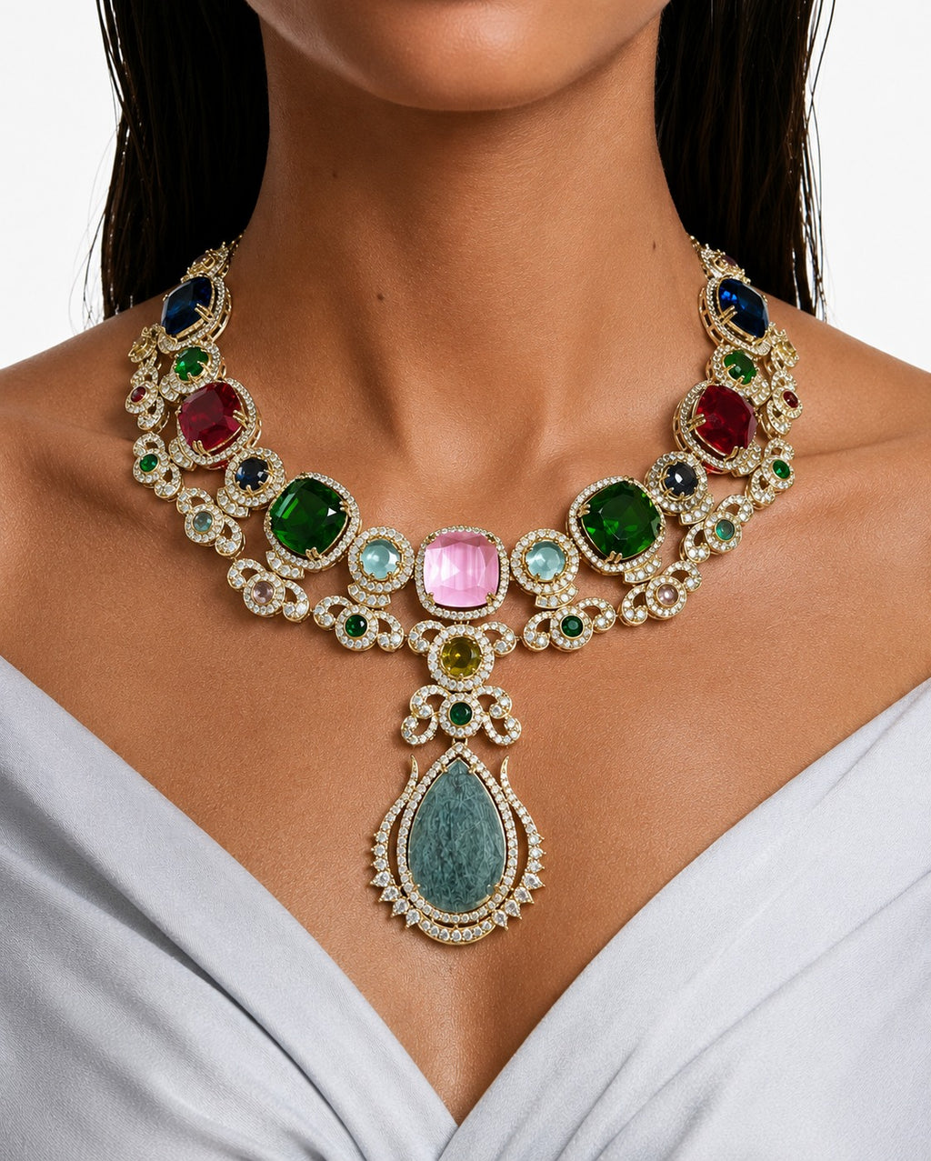 Misha Pink & Emerald Multicolour Moissanite Polki Kundan with Zircon Diamond Detailing Teardrop Statement Necklace Set – Necklace & Earrings