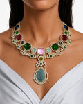 Misha Pink & Emerald Multicolour Moissanite Polki Kundan with Zircon Diamond Detailing Teardrop Statement Necklace Set – Necklace & Earrings