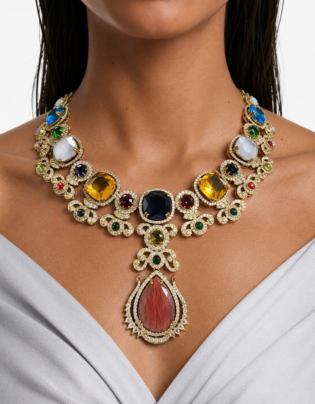 Misha Multicolour Moissanite Polki Kundan with Zircon Diamond Detailing Teardrop Statement Necklace Set – Necklace & Earrings