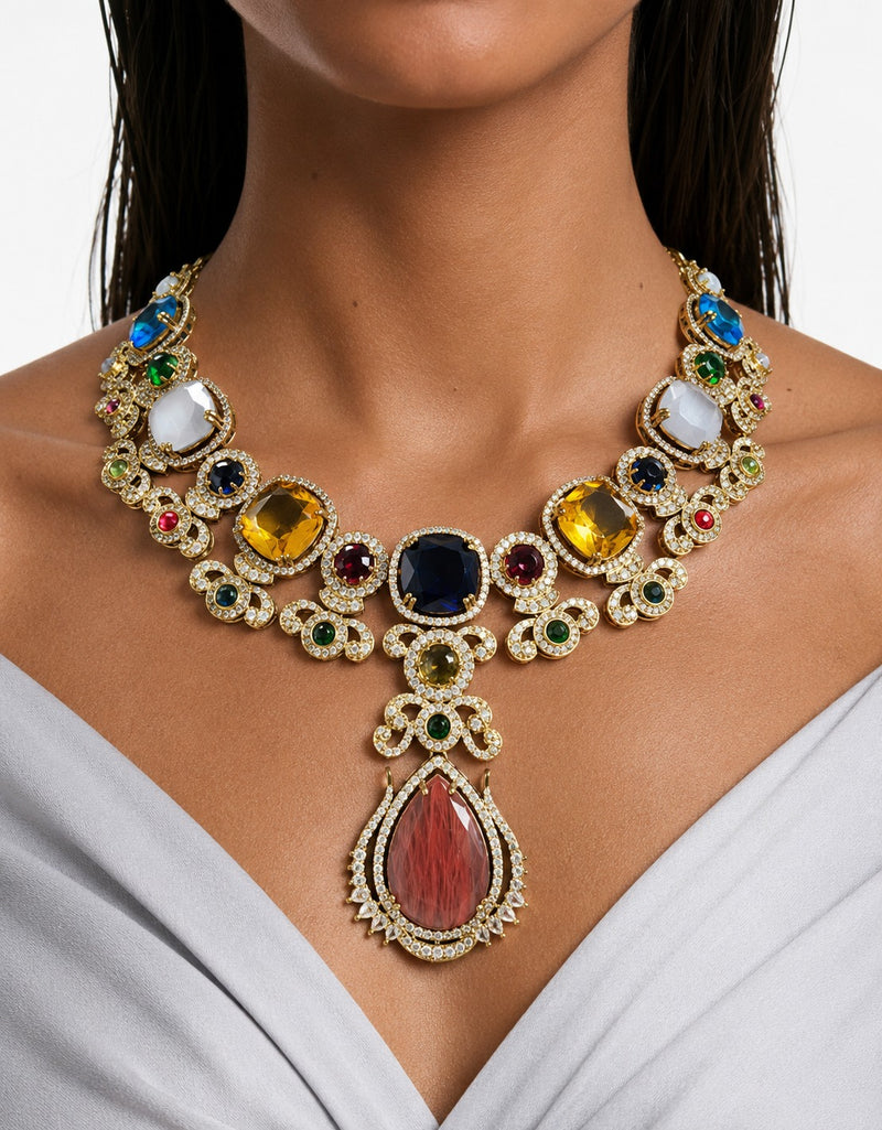 Misha Multicolour Moissanite Polki Kundan with Zircon Diamond Detailing Teardrop Statement Necklace Set – Necklace & Earrings