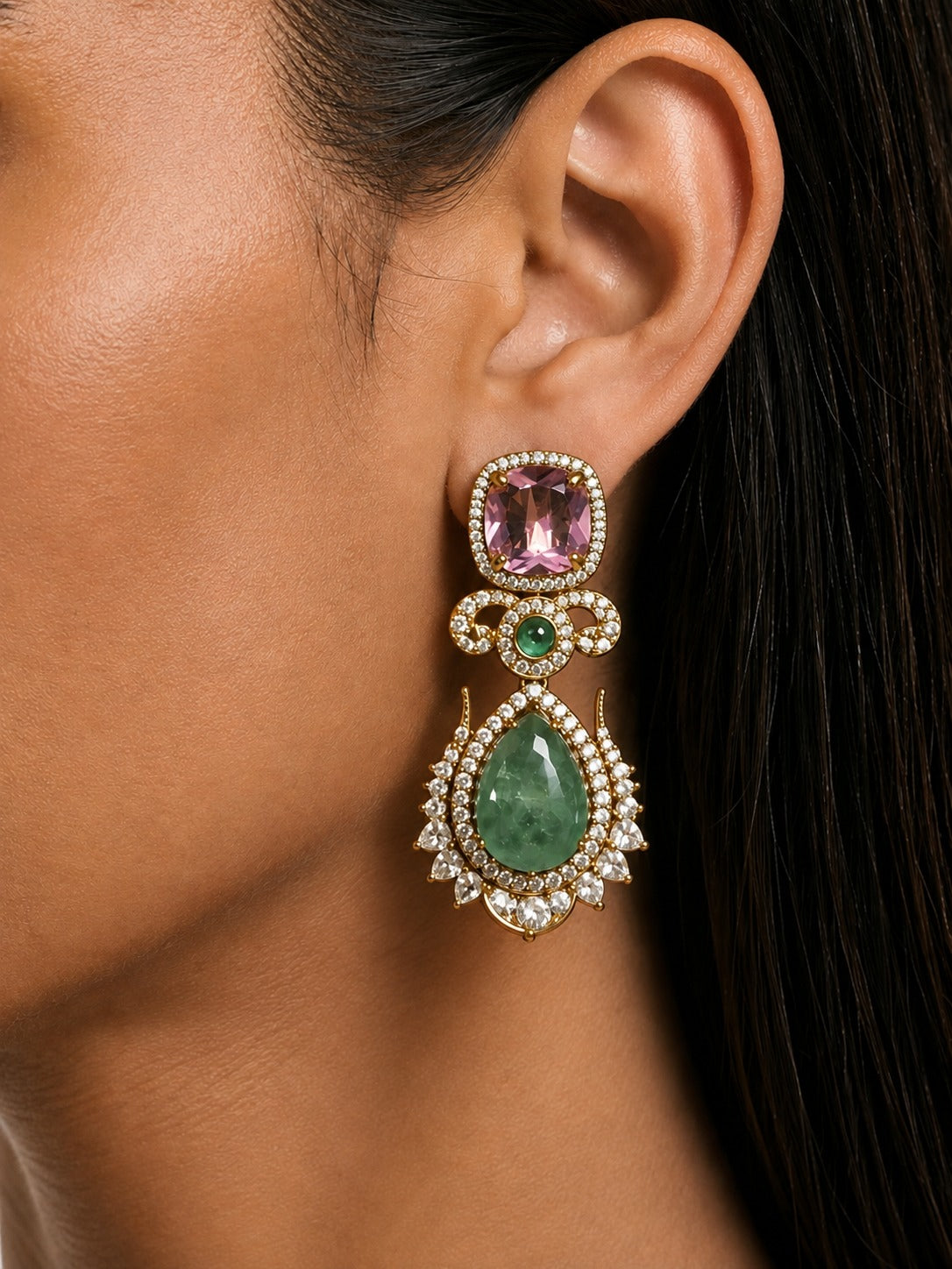 Misha Multicolour Moissanite Polki Kundan with Zircon Diamond Detailing Teardrop Statement Necklace Set – Necklace & Earrings