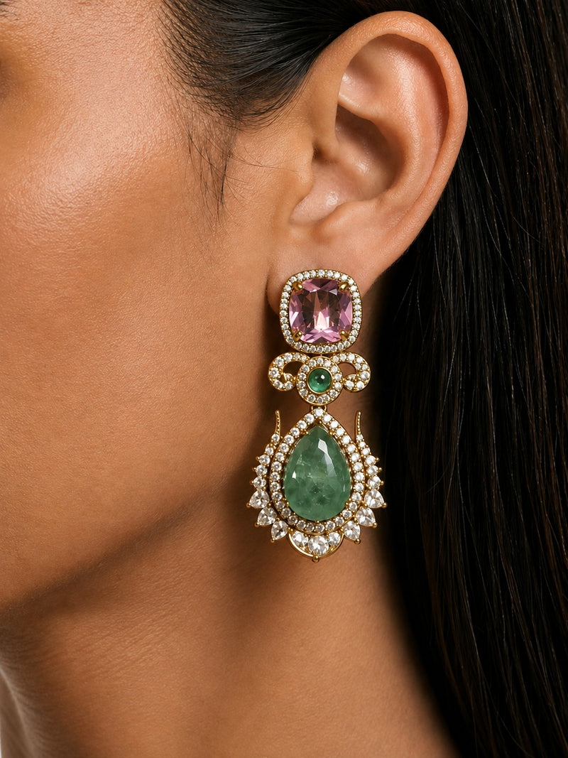 Misha Multicolour Moissanite Polki Kundan with Zircon Diamond Detailing Teardrop Statement Necklace Set – Necklace & Earrings