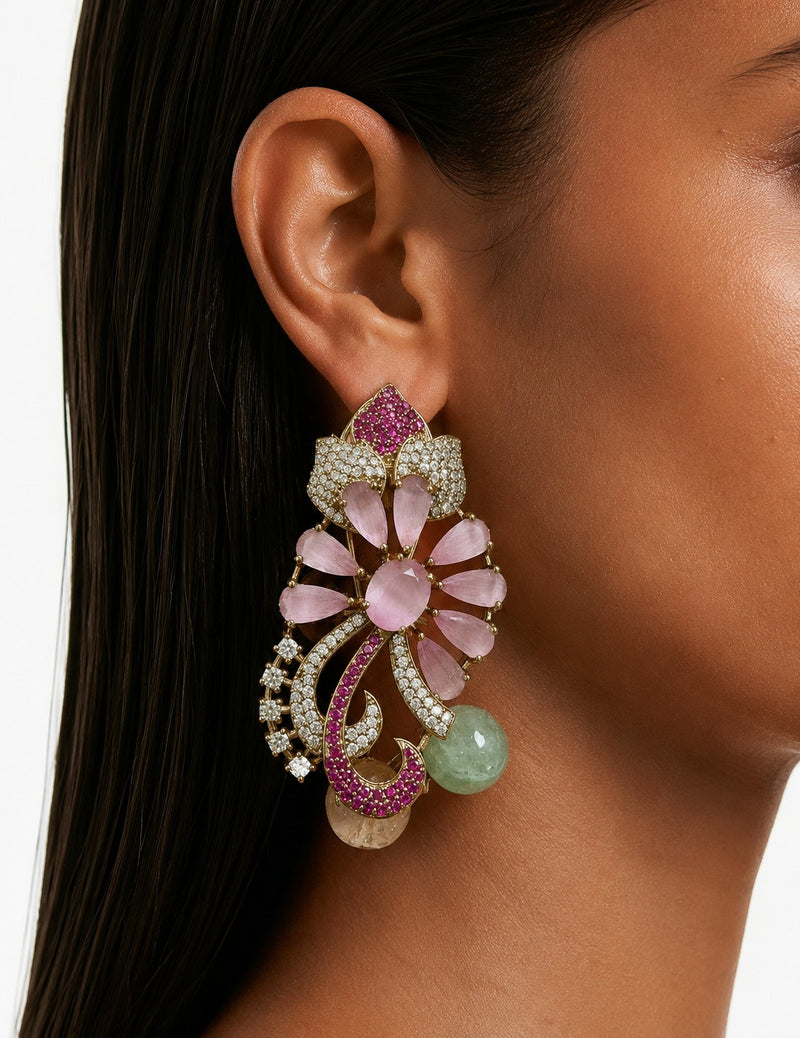 Ayzra Pink Floral Diamond-Like Zircon Earrings
