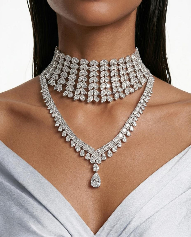 Maharani Heart & Diamond & Basma Diamond Drop Pendant Necklace Set t (2 Necklaces & 2 Earrings)