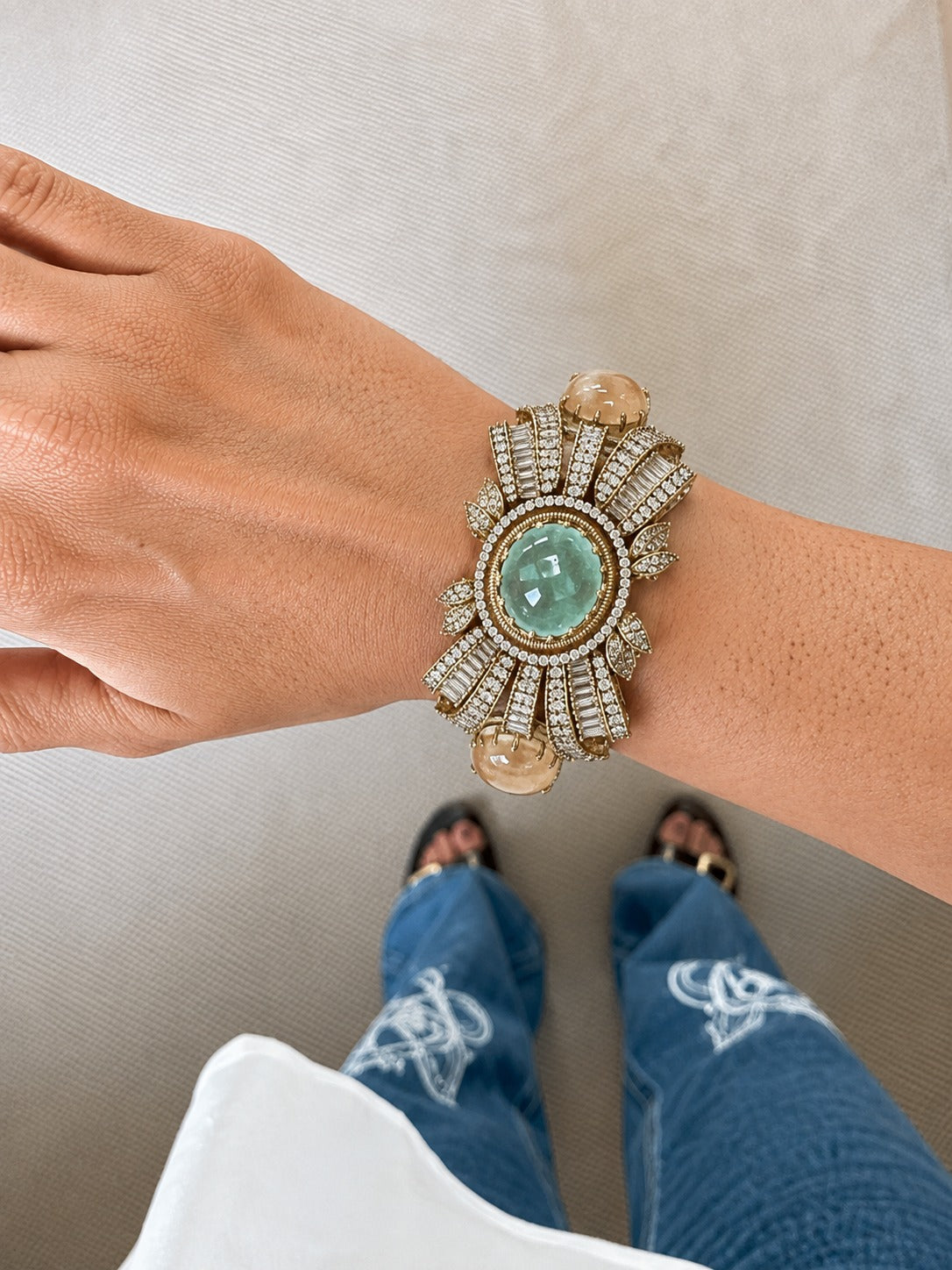 Lepis Mint Kundan Polki Cuff Bracelet