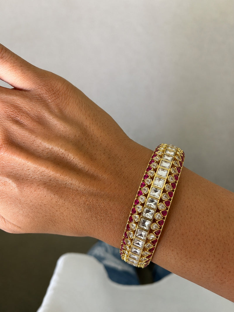 Aaya Ruby Kundan Polki Detailing With Diamond Kada Bangles (Set of 2)