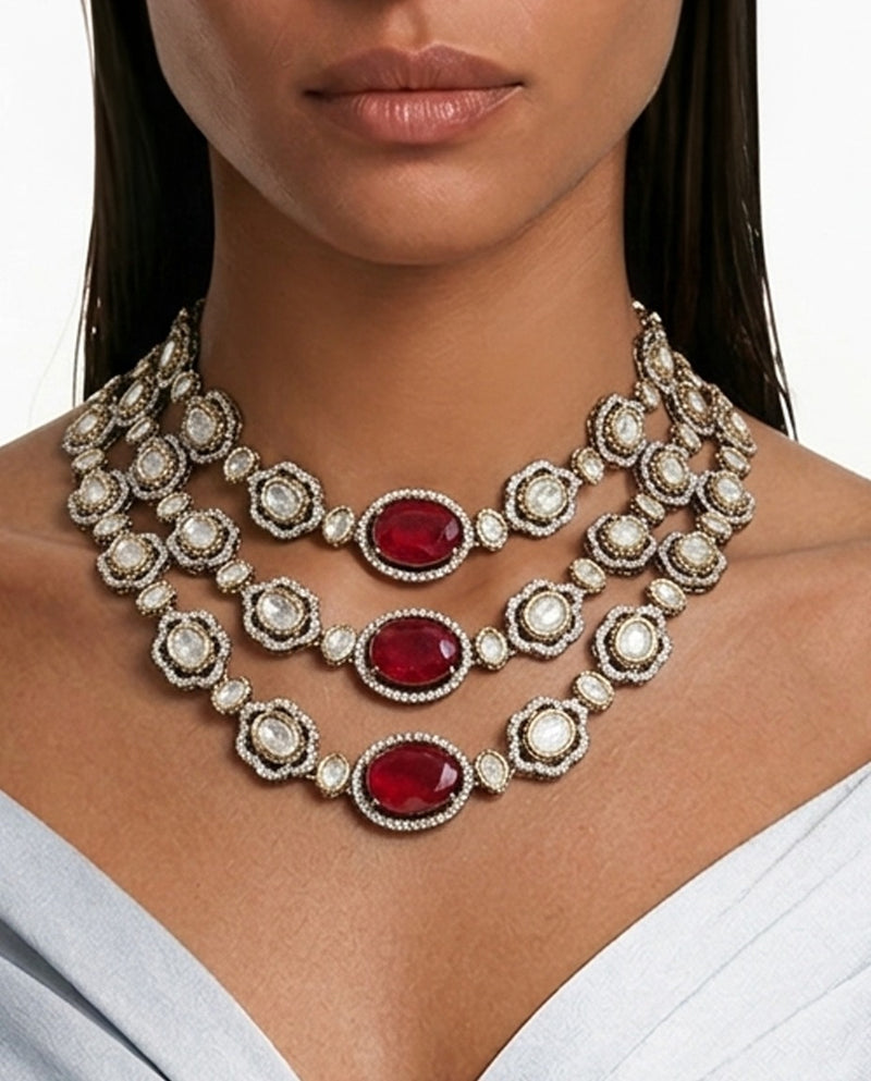 Nishka Ruby Moissanite Polki Kundan with Zircon Diamond Detailing Necklace Set – Necklace, Earrings & Maang Tikka