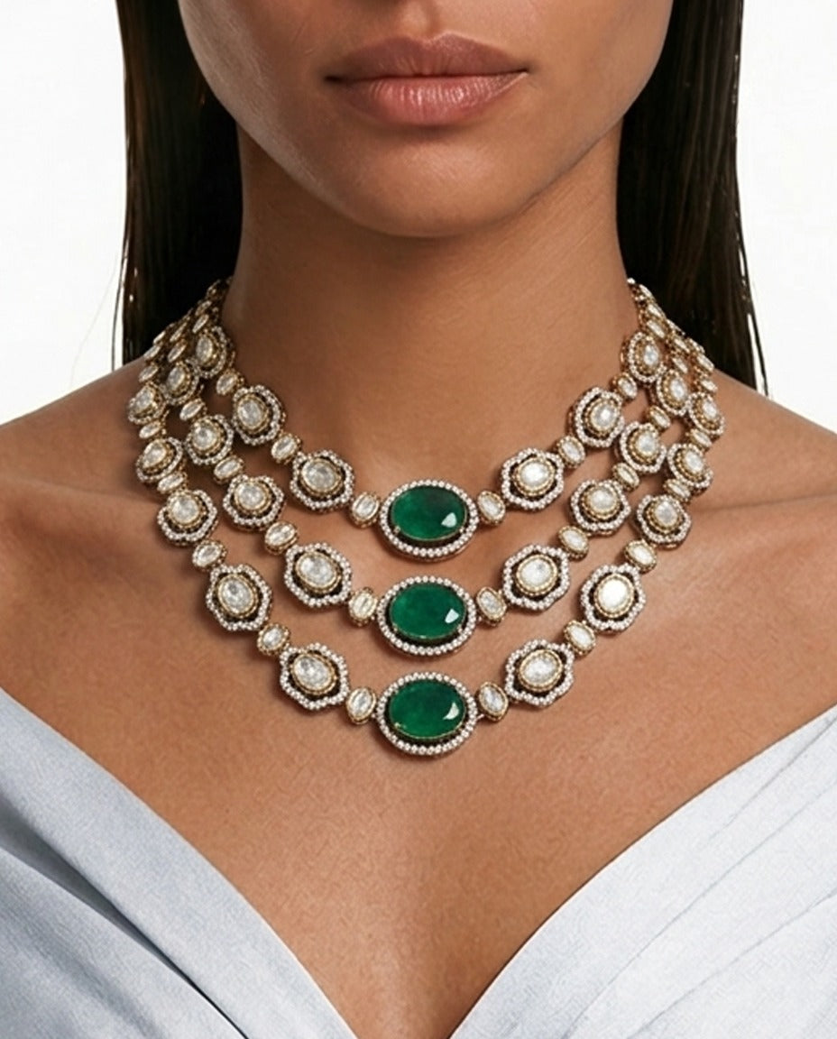 Nishka Emerald Moissanite Polki Kundan with Zircon Diamond Detailing Necklace Set – Necklace, Earrings & Maang Tikka