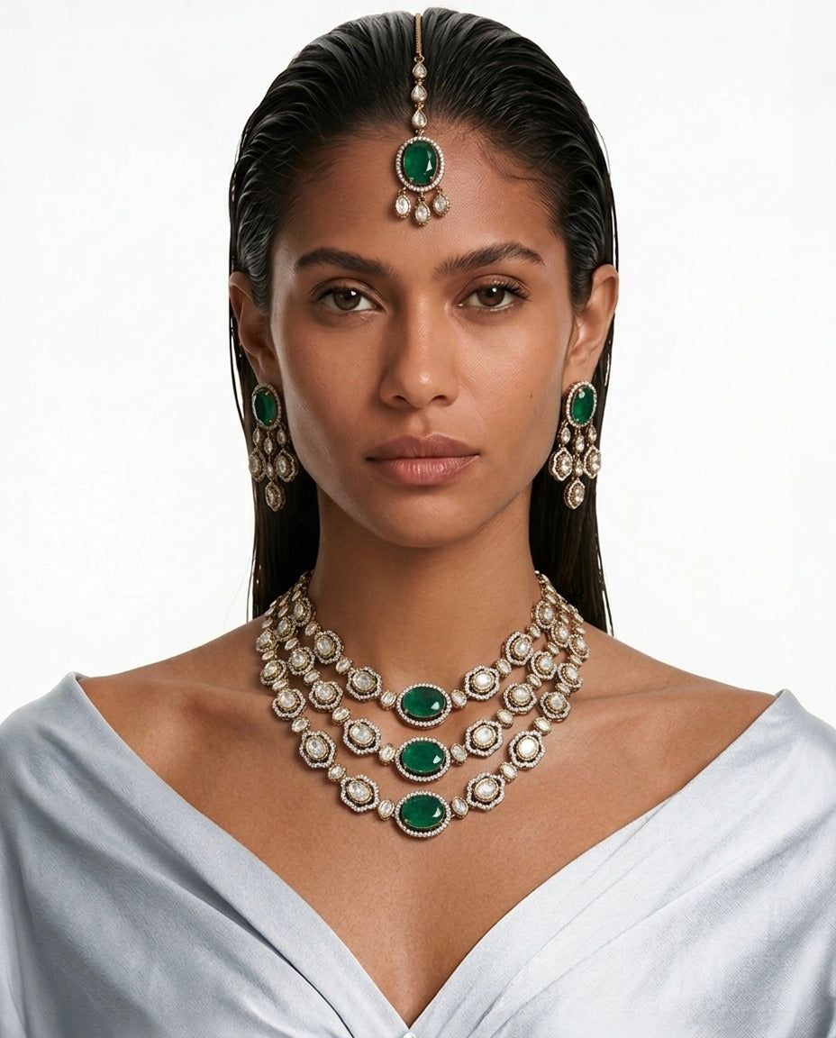 Nishka Emerald Moissanite Polki Kundan with Zircon Diamond Detailing Necklace Set – Necklace, Earrings & Maang Tikka