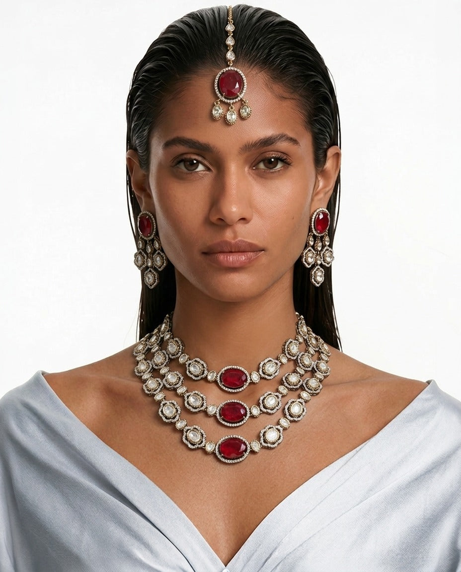 Nishka Ruby Moissanite Polki Kundan with Zircon Diamond Detailing Necklace Set – Necklace, Earrings & Maang Tikka