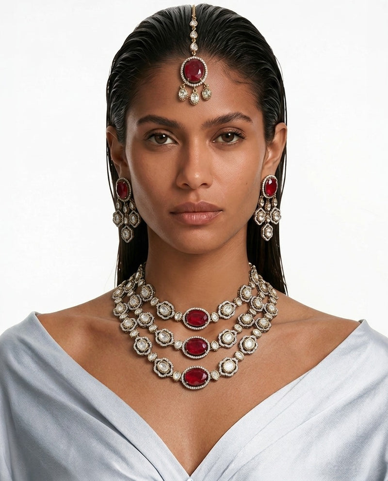 Nishka Ruby Moissanite Polki Kundan with Zircon Diamond Detailing Necklace Set – Necklace, Earrings & Maang Tikka