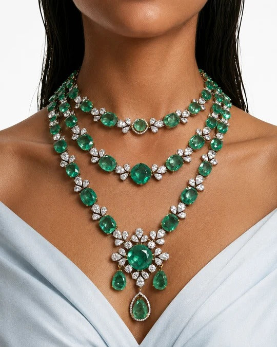 Maharani Zarfina Mint Maharani Imperial Diamond Haar Necklace Set & Aashi Emerald & Mint Kundan Statement Necklace Set (2 Necklaces & 2 Earrings)