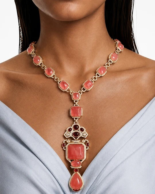 Maharani Raiya & Aashi Peach & Ruby Kundan Statement Necklace Set (2 Necklaces & 2 Earrings)