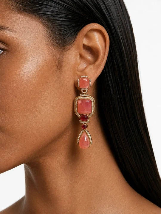 Maharani Raiya & Aashi Peach & Ruby Kundan Statement Necklace Set (2 Necklaces & 2 Earrings)