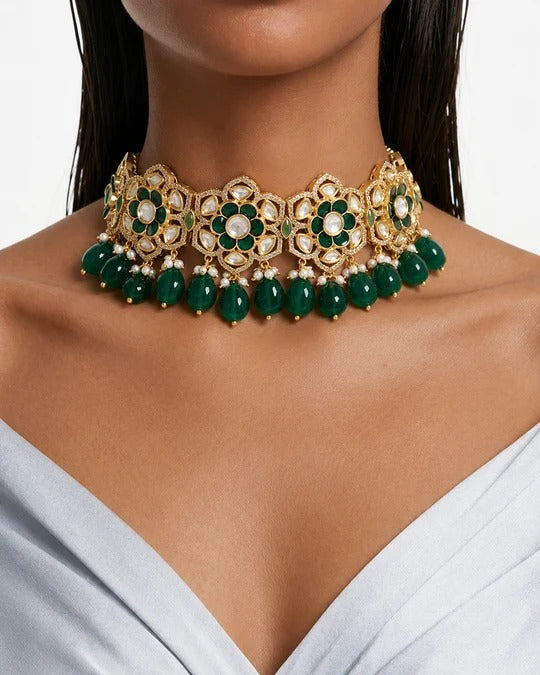 Maharani Raiya Emerald Drop Necklace Set & Anabia Emerald Floral Moissanite Polki Kundan Choker Necklace Set (2 Necklaces & 2 Earrings)