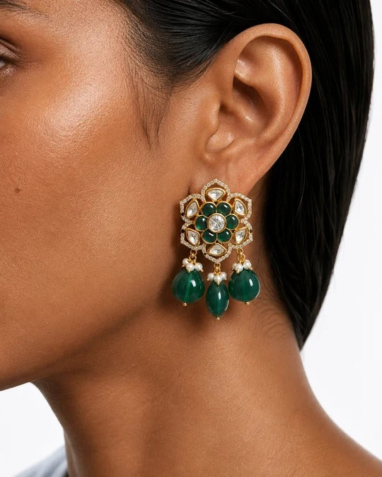 Maharani Raiya Emerald Drop Necklace Set & Anabia Emerald Floral Moissanite Polki Kundan Choker Necklace Set (2 Necklaces & 2 Earrings)
