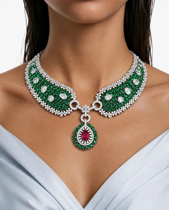 Maharani Sabeen Emerald & Ruby Drop Diamond-Like Zircon Statement Necklace Set & Evana Emerald & Ruby Diamond-Like Zircon Statement Necklace Set (2 Necklaces & 2 Earrings)