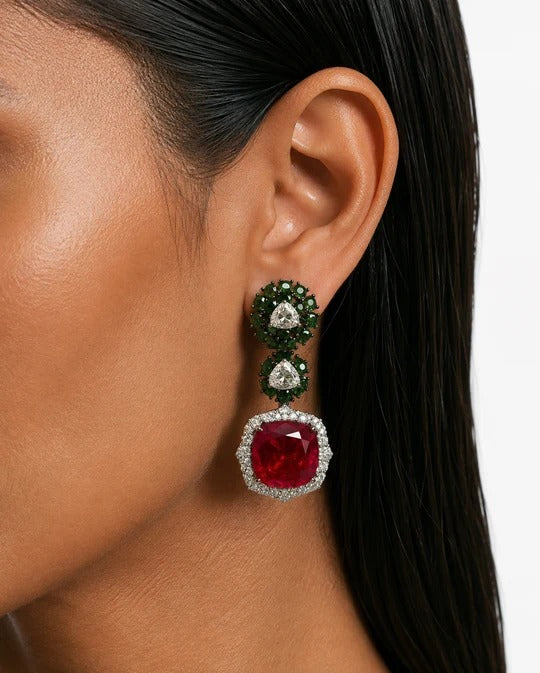 Maharani Sabeen Emerald & Ruby Drop Diamond-Like Zircon Statement Necklace Set & Evana Emerald & Ruby Diamond-Like Zircon Statement Necklace Set (2 Necklaces & 2 Earrings)