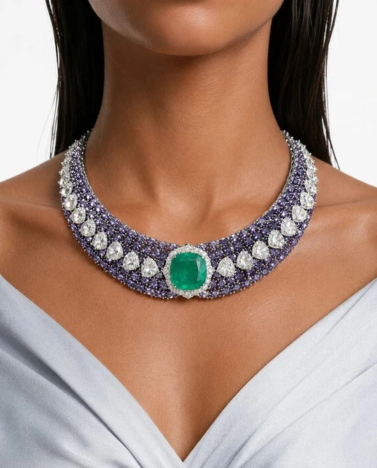 Maharani Ishani Purple Diamond, Emerald & Zircon Diamond Pendant Necklace Set & Evana Purple & Mint Diamond-Like Zircon Statement Necklace Set (2 Necklaces & 2 Earrings)