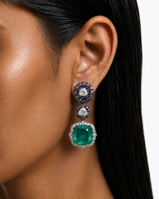 Maharani Ishani Purple Diamond, Emerald & Zircon Diamond Pendant Necklace Set & Evana Purple & Mint Diamond-Like Zircon Statement Necklace Set (2 Necklaces & 2 Earrings)