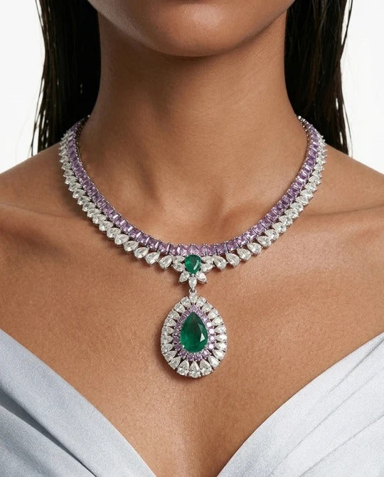 Maharani Ishani Purple Diamond, Emerald & Zircon Diamond Pendant Necklace Set & Evana Purple & Mint Diamond-Like Zircon Statement Necklace Set (2 Necklaces & 2 Earrings)