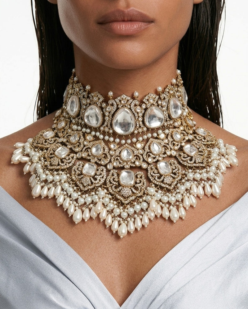 Anvi Pearls & Moissanite Polki Kundan with Zircon Diamond Detailing Necklace Set – Necklace, Earrings & Maang Tikka
