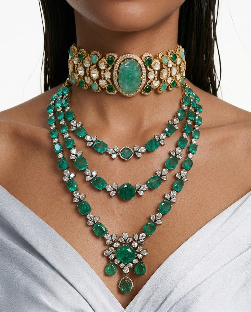 Maharani Zarfina Mint Maharani Imperial Diamond Haar Necklace Set & Aashi Emerald & Mint Kundan Statement Necklace Set (2 Necklaces & 2 Earrings)