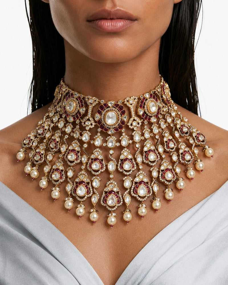 Aarna Ruby Pearls & Moissanite Polki Kundan with Zircon Diamond Detailing Necklace Set – Necklace & Earrings