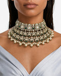 Adaa Pearls, Emerald &amp; Moissanite Polki Kundan with Zircon Diamond Detailing Necklace Set  – Necklace, Earrings & Maang Tikka